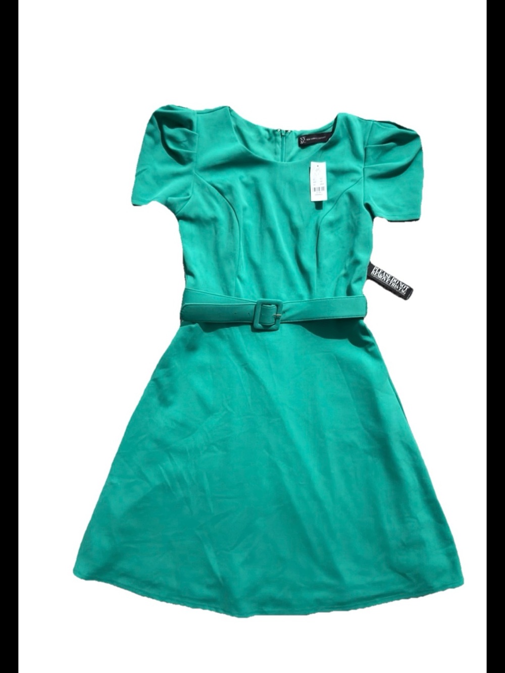 New York & Company Green Puff Sleeve Belted Dress NWT Size XS Short Sleeve Mini